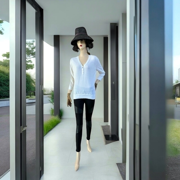 Women Shirt RALPH LAUREN White Cotton Sweater Long Sleeve Half Button Front Top - Picture 2 of 8